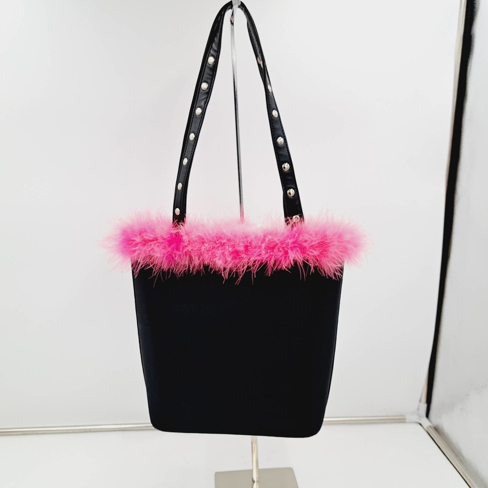 Blossom Collection Black Pink Maribu Feather Rhinestone Dashound Studded Purse
